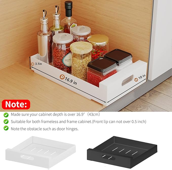 2 Pack Pull Out Cabinet Organizer Adhesive, 10" Wide 16.9" Deep Pull out Drawers for Face Frame or Frameless Cabinets, No Drill Heavy Duty Carbon Steel Drawer, Pantry Cabinet Shelf