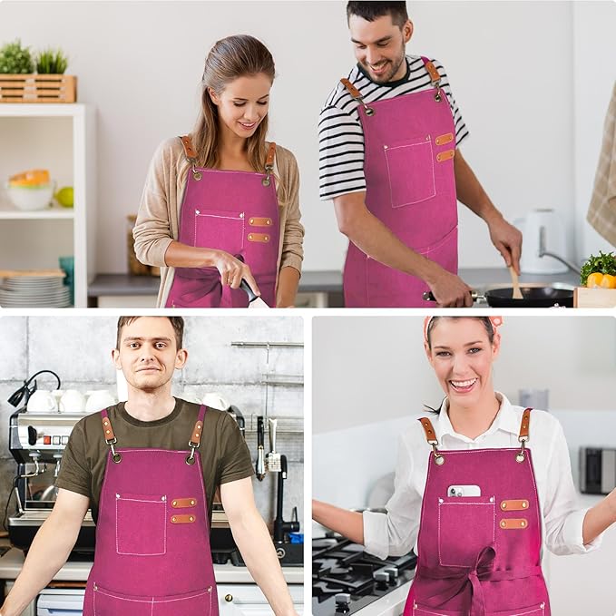 OUNLEN Chef Apron for Men Women Canvas Aprons with 3 Pockets Cross Back Resistant Work Apron for Cooking