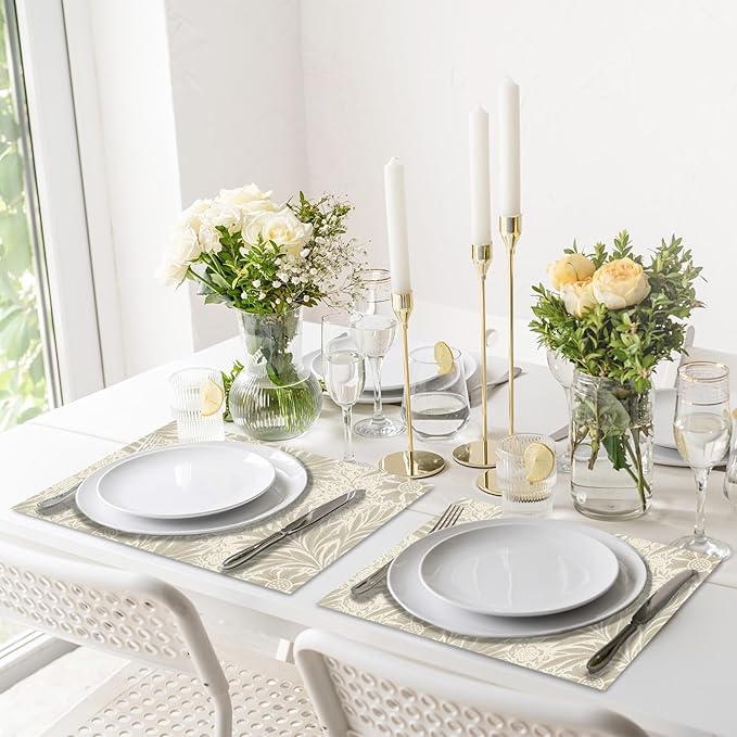 Set of 4 Floral Leaves Design Placemats, 12 x 18 Inch Rectangle Table Mats, Modern Linen Fabric Placemat for Indoor & Outdoor Kitchen Dining Home Decor -02