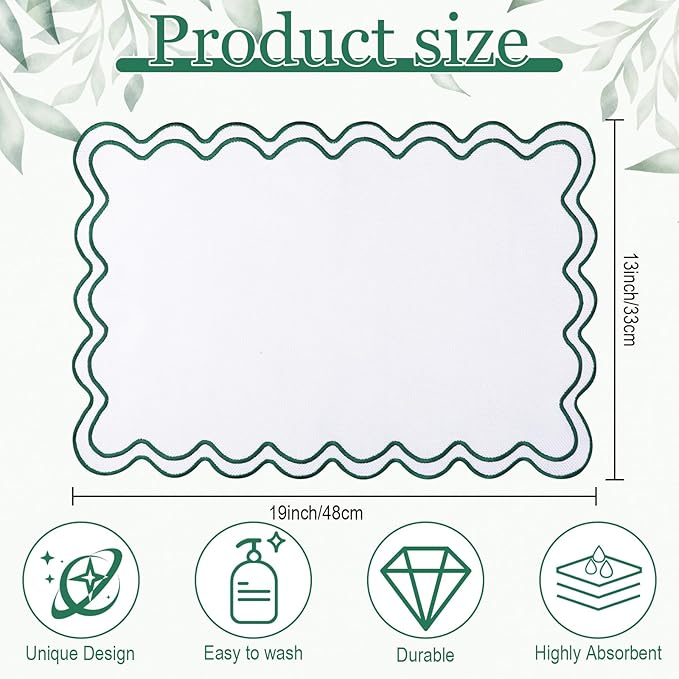 HunnmingRe Set of 6 Cotton Linen Placemats, 13x19 Inch Scalloped Wavy Embroidery Placemat Double Layered Washable Rustic Rectangle Dinner Table Mats for Wedding Home Decor(White with Dark Green)
