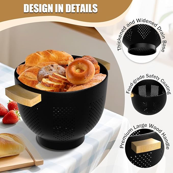 Metal Colander with Wood Handle and Stable Base, Powder Coated Steel Kitchen Strainer Basket for Draining Pasta, Vegetable and fruit(5.5quart,Matte Black)