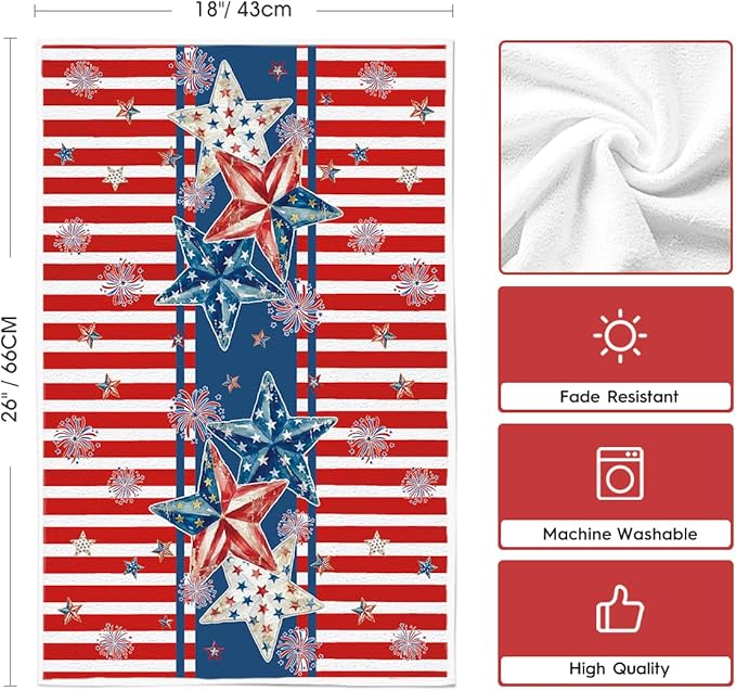 Artoid Mode Stripes Star Fireworks 4th of July Kitchen Towels Dish Towels, 18x26 Inch Independence Day Decoration Cleaning Set of 2