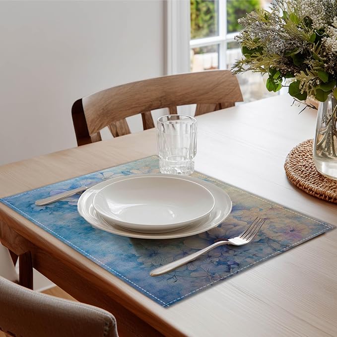 HOMETITUTE Linen Placemats Set of 4 12x18 inch Spring Table Mats for Dining Table Blue Floral Farmhouse Decorations Kitchen Decor Desk Mat for Outdoor Home Party Kitchen Seasonal Dining Decor