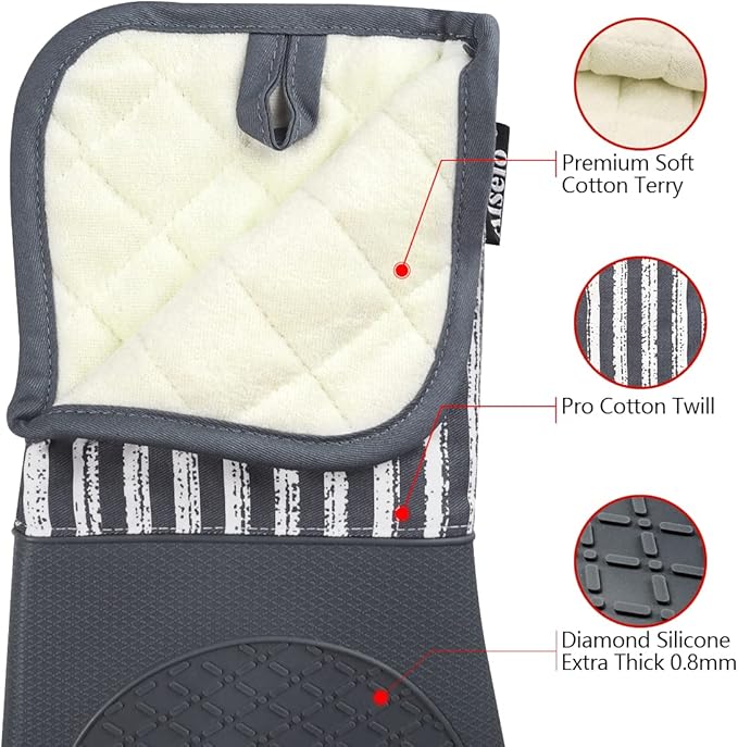 Alselo Silicone Oven Mitts Heat Resistant 932℉ with Waterproof & Non-Slip Kitchen Mittens, Set of 2 Extra Long Oven Gloves with Soft Cotton Terry Lining for Baking Cooking Barbecue