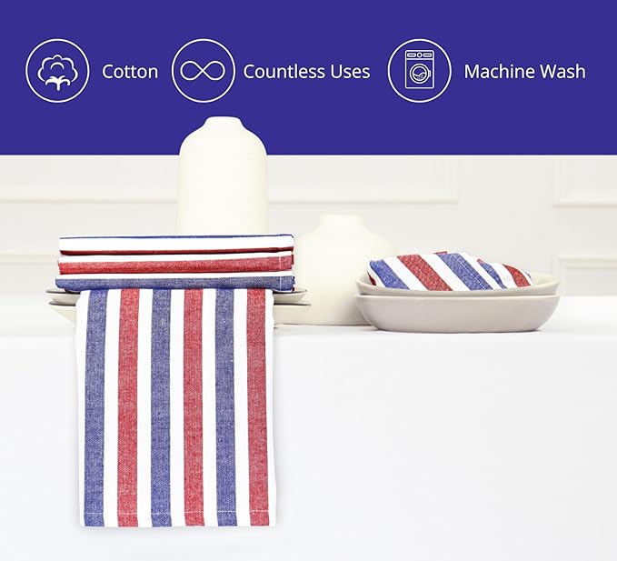 PurpleEssences 4th of July Plain Striped Cloth Napkins - Set of 12-100% Cotton - 18 x 18 Inch - Perfect Everyday Use Dinner Napkin - Red Blue White