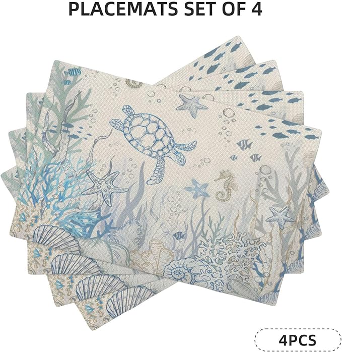 Nautical Coastal Placemats 12x18 Inch Set of 4, Turtle Coral Starfish Seashell Ocean Themed Table Place Mat Beach Coastal Washable Table Mats Decorative Linen Fabric Table Mat for Dining Table