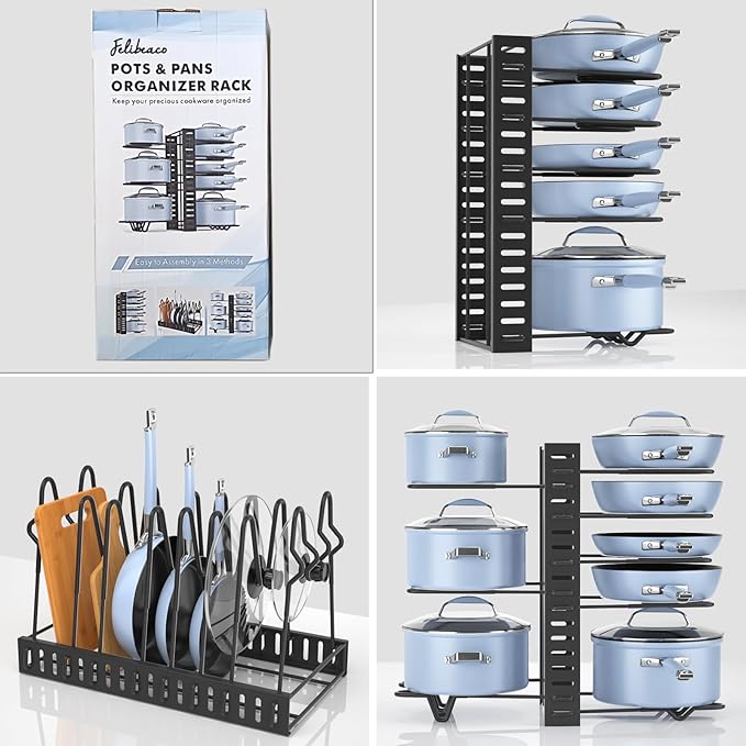 Felibeaco Adjustable Pots and Pans Organizer Rack for Cabinet, Metal Pans Pots Lids Storage Holder Rack with 3 DIY Methods for Kitchen, Counter,Black