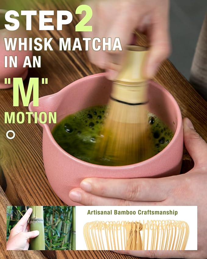 20OZ Matcha Whisk Set - 5PCS Matcha Set Includes Macha Bowl with Spout, Bamboo Whisk with Ceramic Holder, Bamboo Scoop and Sifter, Matcha Kit for Ceremony, Gift for Matcha Lovers (Blush Pink)