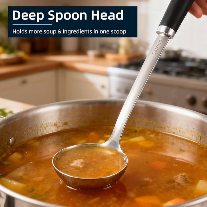 Safring Stainless Steel Soup Ladle and Spaghetti Spoon Set, Heat Resistant Rubber Handle, Dishwasher Safe, Kitchen Utensils for Cooking, Stirring, Serving Pasta, Soup & Sauce