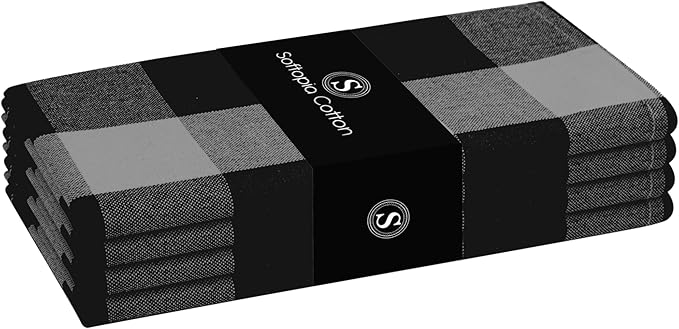 Buffalo Plaid Cloth Napkins, Set of 4, Soft, Durable, Table Fabric Napkins, Check Napkins for Dinner, Wedding, Restaurant, Buffet, Party, Halloween - Light Grey, Black White (16"x16")