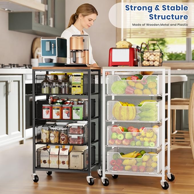 Goovilla Kitchen Cart with Drawers, 4 Tier Metal Rolling Utility Cart Organizer on Lockable Wheels with Wooden Top, Black Fruit Vegetable Storage Rack Also for Cans, Snack, Craft, Art, Office, Beauty