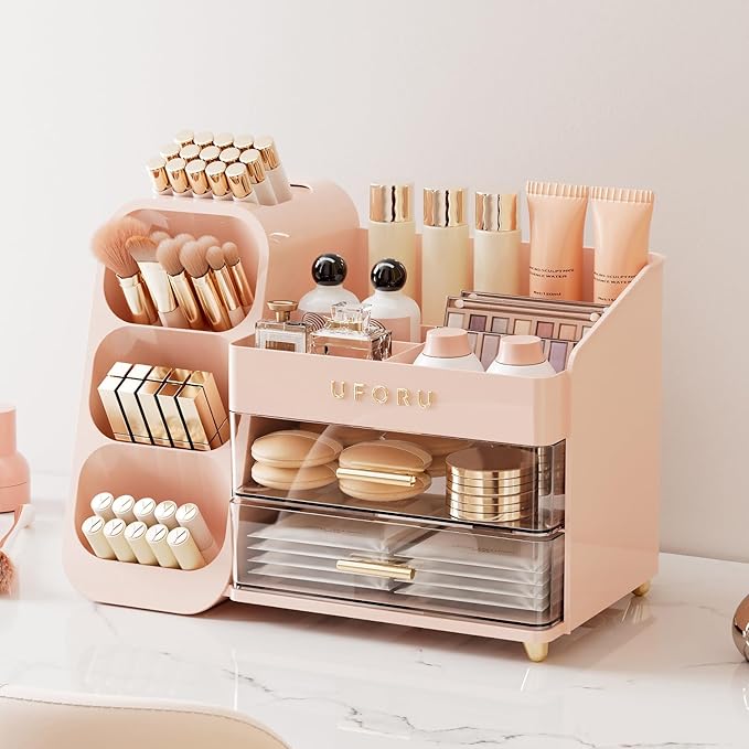 Makeup Organizer for Vanity with Brush Holder, Large Plastic Bathroom Countertop Skincare Organizer with 2 Drawers, Spacious Cosmetic Display Case for Perfumes, Eyeshadow Palettes, Nail Polishes