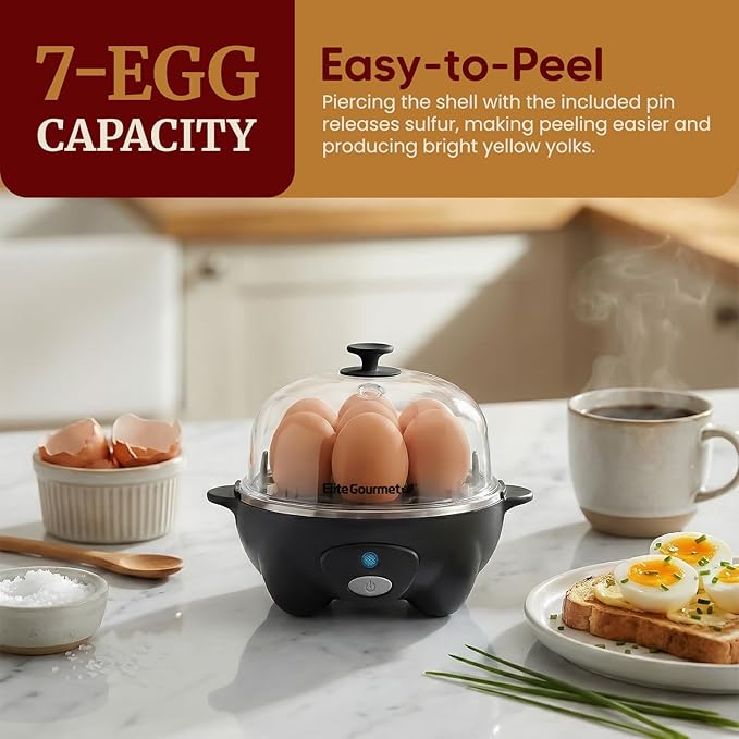 Elite Gourmet EGC-007B# Rapid Egg Cooker, 7 Easy-To-Peel, Hard, Medium, Soft Boiled Eggs, Poacher, Omelet Maker, Auto Shut-Off, Alarm, 16-Recipe Booklet, Black