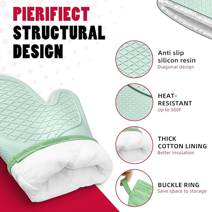 Silicone Oven Mitts，Heat Resistant up to 500°F, Oven Gloves with Soft Lining, Non-Slip Kitchen Essentials, Kitchen Gadgets, Apartment Essentials, Great Gift for Cooking (green-1pair)