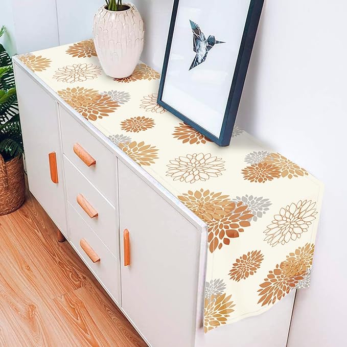 Fall Table Runner Orange Grey Dahlia Pinnata Floral Table Runners Modern Elegant Farmhouse Geometric Coffee Table Center Decor for Autumn Home Kitchen Dining Party 13 x 90 Inch