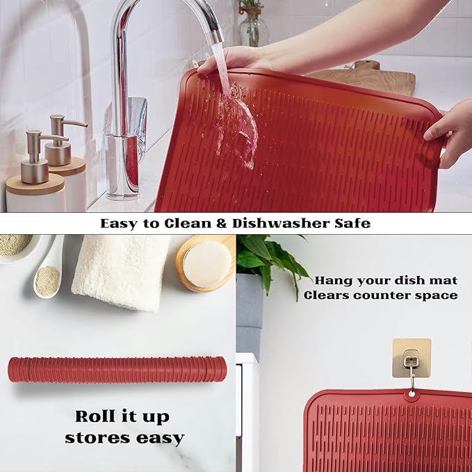 ZLR Large Silicone Dish Drying Mat (16" x 18") - XL Heavy Duty Drainboard Mat for Pots, Pans & Family Loads - Heat Resistant Trivet & Counter Protector, Easy Clean (Lava Red)