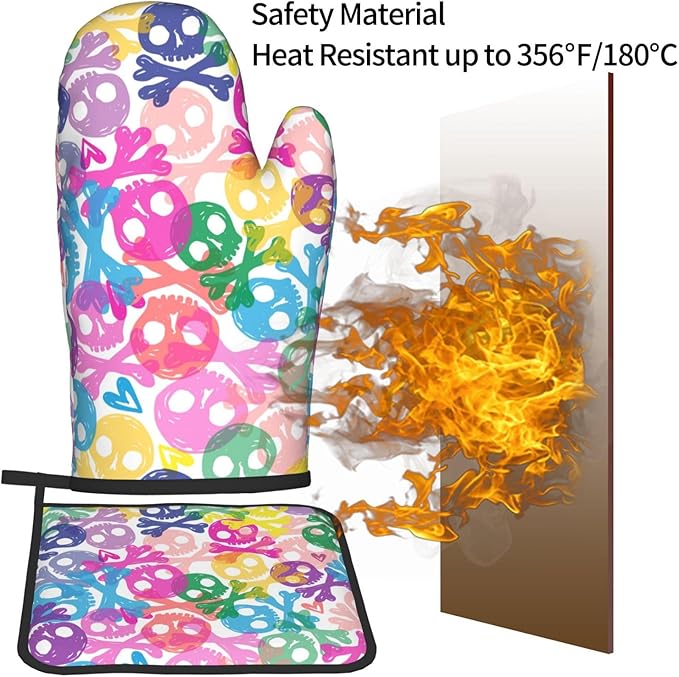 Colorful Skulls Oven Mitts and Pot Holders Heat Resistant Oven Mitts Safe for Baking Cooking BBQ