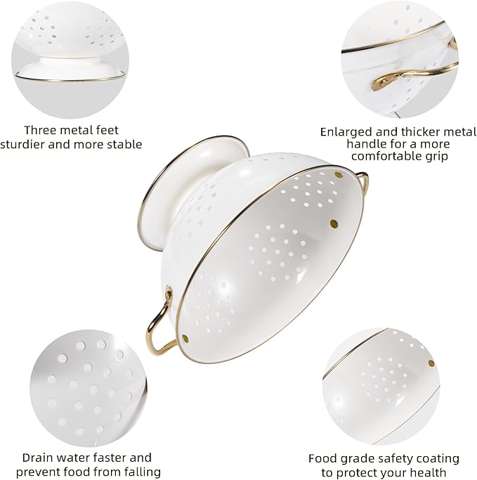 Metal Colander Set of 3, Strainer Basket with Handles perfect for Spaghetti, Pasta, Berry, Vegetable, Fruit, Solid Base Powder Coated Kitchen Essential Strainer Set, 1 & 3.5 & 5 Qt (Cream)