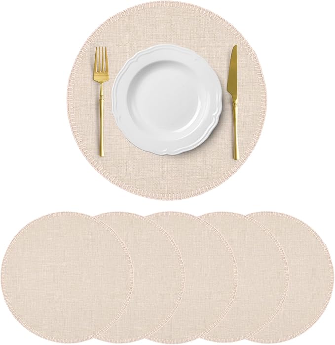 Round Placemats Set of 6, 15 Inch Linen Fabric Table Placemats, Heat Resistant, Wrinkle Free Washable Placemats Kitchen Place Mats Set of 6 for Dining Table Party Table (Beige, 6)