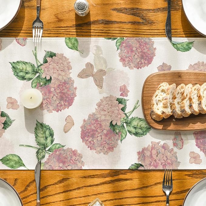Artoid Mode Pink Hydrangea Butterfly Spring Table Runner, Seasonal Summer Holiday Kitchen Dining Table Decoration for Home Party Decor 13x72 Inch