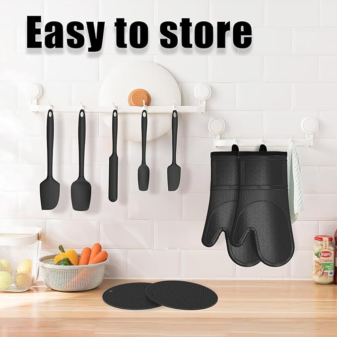 Oven Mitts with Heat-Resistant Hot Pads and Five Silicone Spatulas Designed for Kitchen Baking Cooking, Oven Glove Soft Cotton Lining, Waterproof, BPA-Free (Black)