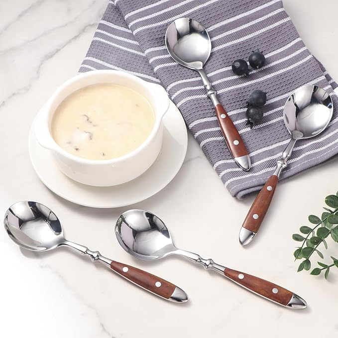 Soup Spoons，4Pcs Soup Spoons Set，Premium Stainless Steel 18/8 Spoons with Comfortable Bakelite Handle，Heavy-Weight Metal Round Spoons