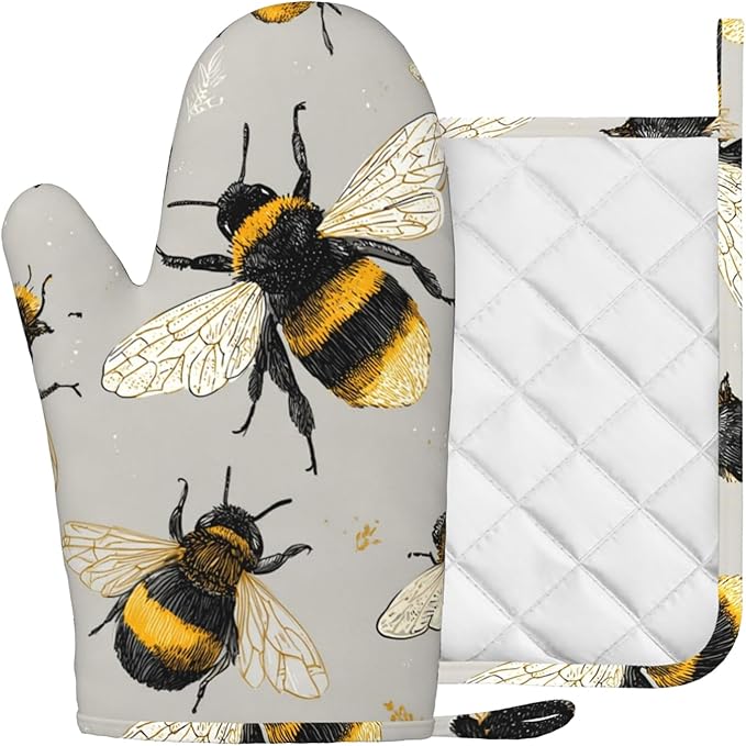 Happy Busy Bees Oven Mitts and Pot Holders Sets Non-Slip Silicone Surface for BBQ Gloves,Kitchen,Cooking,Baking,Grilling