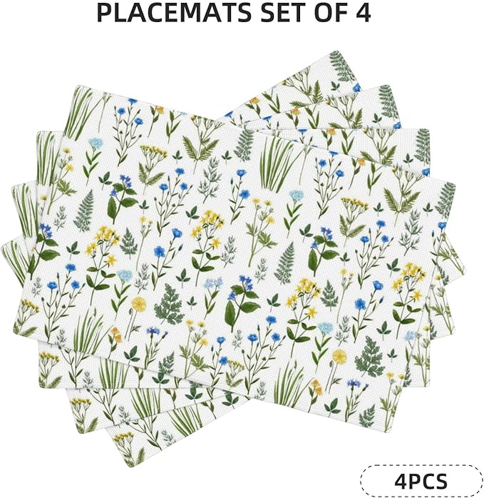 Wildflower Print Linen Placemats Set of 4, 12x18 InchWashable Table Mats for Dining Room Spring Gatherings
