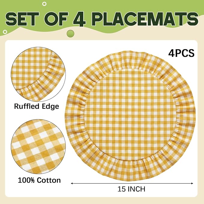 4 Pcs 15 Inch 100% Cotton Scalloped Round Placemats, Thin Yellow Gingham Place Mats with Ruffle, Washable Placemats Table Mats for Kitchen Dining Holiday Gatherings Decor