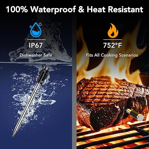 BFOUR Wireless Meat Thermometer Bluetooth with Digital Standalone Base, WiFi Unlimited Range, 6 Precision Sensor, IP67 Waterproof and Heat Resistant, Digital Meat Thermometer for Food Cooking