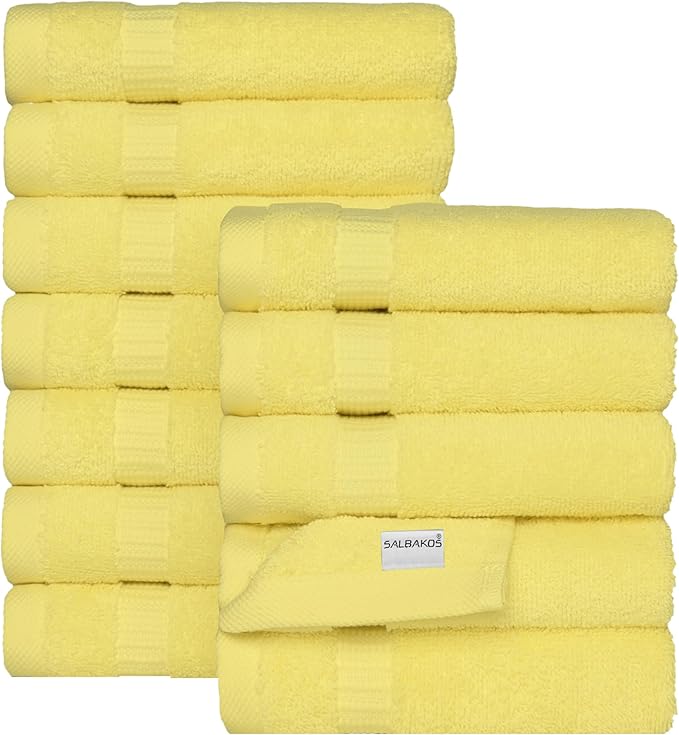 SALBAKOS 100% Turkish Cotton Washcloth Set of 12 13x13 inch | Premium Quality | Hotel & Spa Collection | Ultra Soft, Super Absorbent, Washcloth Towels | Made in Turkey (Yellow, 12 Washcloths)