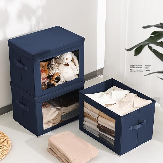 Homsorout Stackable Storage Bins with Lids - Large Storage Box with Lids, Foldable Closet Boxes for Organizing, Wardrobe Clothes Organizer with Window, Cubes Bins for Living Room, 3 Pack, Navy Blue
