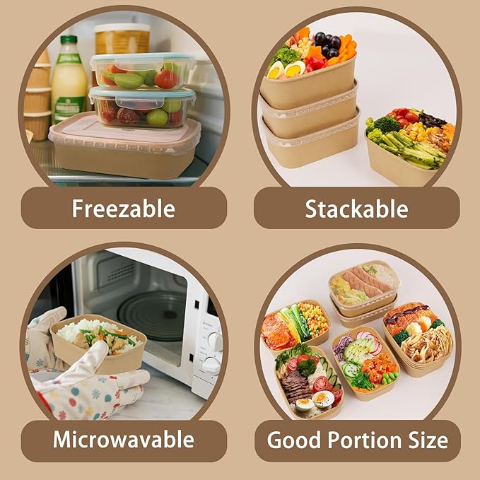 50 Pack 29 oz Paper Food Containers with Lids, Meal Prep Containers Disposable Large Paper Bowls, Microwavable and Freezer Storage Use Cardboard Food Containers