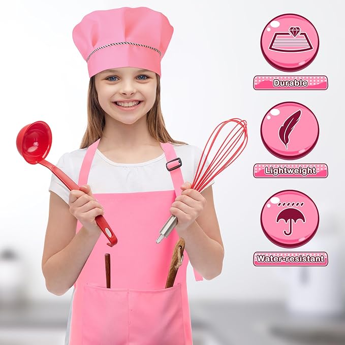 Handepo 28 Pcs Kid Apron and Chef Hat Set Adjustable Bib Apron with Pockets for Kids Cooking Baking Painting Crafting
