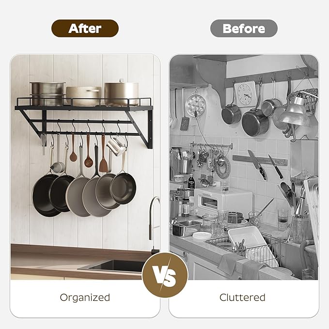 YATINEY Wall Mounted Pot Rack, 23.8 Inch Pot and Pan Organizer with 2 Tier Hanging Rails, 12 S-Hooks, Metal Pot Rack for Kitchen Cookware Organizer, Space Saving, for Kitchen Utensils, Black PR01BK