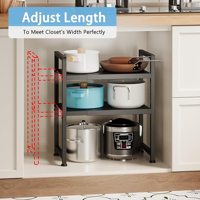 2-Tier Expandable Metal Storage Shelves,150LBS Heavy Duty Shelving Units and Storage For Small Appliance,Adjustable Pots and Pans Organizer Rack Shelf For Kitchen Under Cabinet Pantry Warehouse Garage