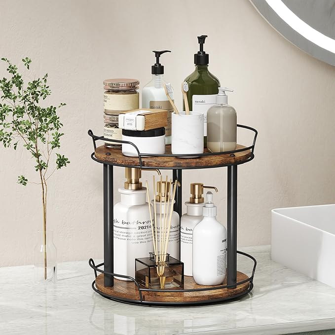 LAMU 9.1'' Wood Lazy Susan Turntable Organizer for Cabinet, 2 Tier Lazy Susan Spice Rack Organizer for Kitchen, Table Top, Countertop, Pantry, Medicine Organizer