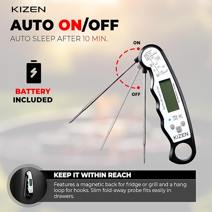 KIZEN Instant Read Meat Thermometer Digital - Food Thermometer for Cooking, Grill, Oven, BBQ - IP67 Rated Waterproof - Large Backlit Display and Magnetic Back