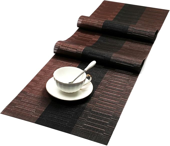 SHACOS Table Runners Woven Vinyl Table Mats 12x54 inch for Kitchen Dining Table Non Slip Washable, Ombre Coffee Black