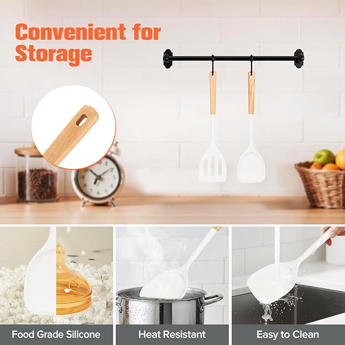 Silicone Cooking Spatula, Heat Resistant Solid Turner, Slotted Spatulas with Wooden Handle,Ideal Wood Kitchen Utensils Set for Frying, Baking, Flipping, Turning,Pack of 2 (White)