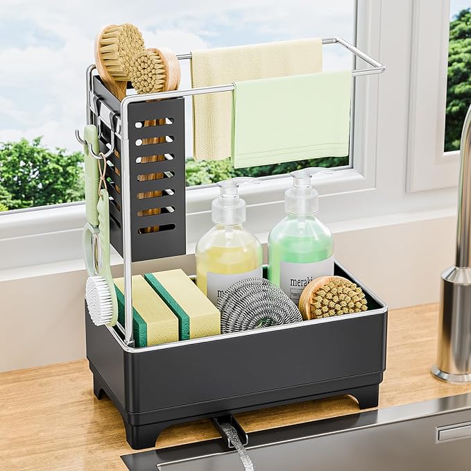 Kitchen Sink Caddy with Stainless Steel Towel Holder, Handy Sponge Holder for Kitchen Sink with Extending Drain Spout, No-Tool Assembly Space Saver for sink Countertop Accessories(Black)