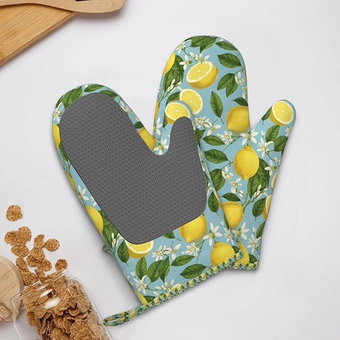 Lemon Silicone Oven Mitts Set of 2, Heat Resistant up to 500°F, Kitchen Oven Gloves with Non-Slip Grip and Soft Cotton Lining for Baking, Cooking and BBQ