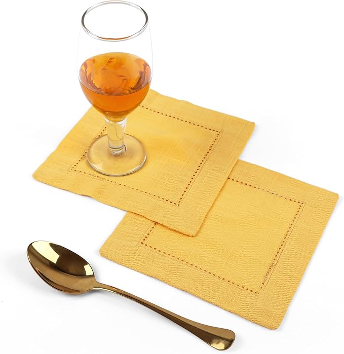 FINGERCRAFT Cocktail Napkins 6 x 6 Inch Premium Quality Cotton, Generous Hemstitch and Mitered Corner Set of 12 Coaster Cloth Gold
