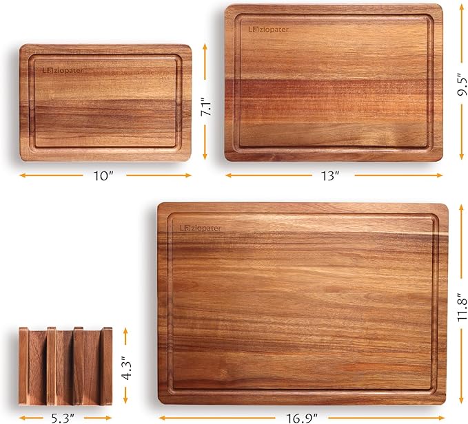Acacia Wood Cutting Board Set of 3, Solid Wood Cutting Board with Holder, Deep Juice Grooves & Built-in Handles, Durable Wooden Chopping Board Set for Meat, Vegetables, Cheese, Kitchen Prep
