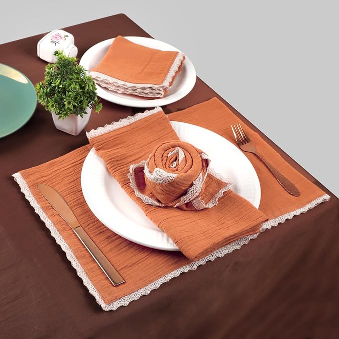 FINGERCRAFT Dinner Cloth Napkin Cotton Muslin Double Gauze 12 Pack with Classic Lace for Everyday Use, Wedding, Party, Christmas, Easter Napkins Cloth are Pre Shrunk and Good Absorbency Rust