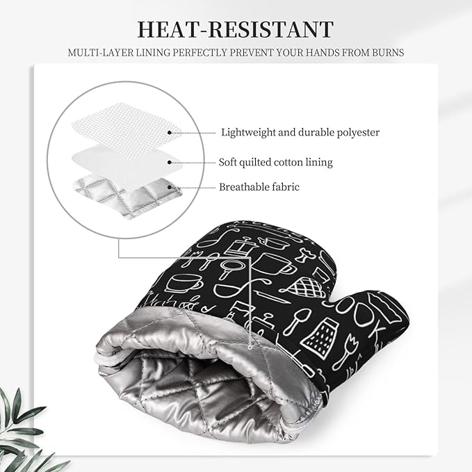 Kitchen Everyday Oven Mitts and Pot Holders 4 pcs Set Silicone Black Kitchen Oven Mitt Gloves Pot Holders Non-Slip Heat Resistant Cooking Mitts Set for Kitchen Baking Grilling BBQ
