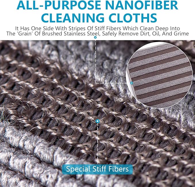 8 Pack Stainless Steel Cleaning Cloth, Double-Sided Microfiber Stainless Steel Cleaner for Kitchen Stovetop, Multi-Purpose Non-Scratch Cleaning Towel, Stripe Pattern, 12 x 12 Inches