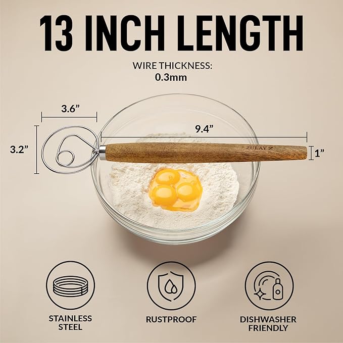 Zulay Kitchen 13-Inch Danish Dough Whisk - Stainless Steel Wooden Whisk with Dough Hook - Sourdough Whisk for Bread, Pizza, Pastry, Cake Batter & More - 2 Pack Acacia