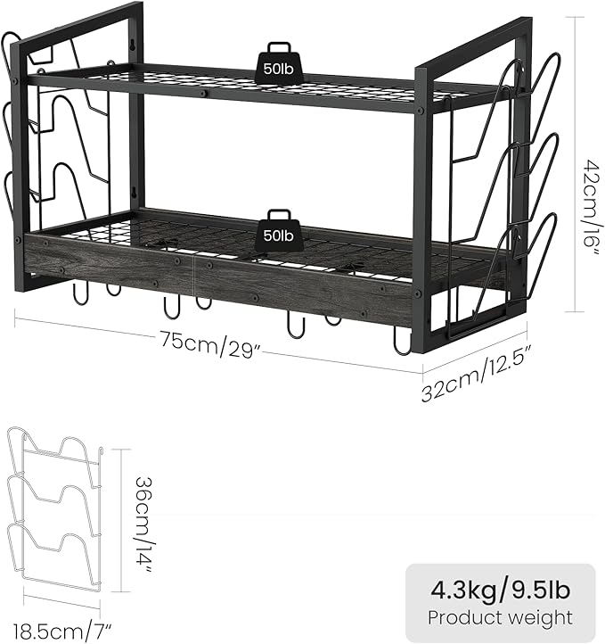CHOEZON Hanging Pot Rack, Pot Rack Wall Mounted, 2-Tier Kitchen Pot and Lid Organizer, Wall-Mounted Cookware Holder with 12 Hooks, for Kitchen Storage of Pots, Pans, Utensils, Charcoal Black TPR02BC