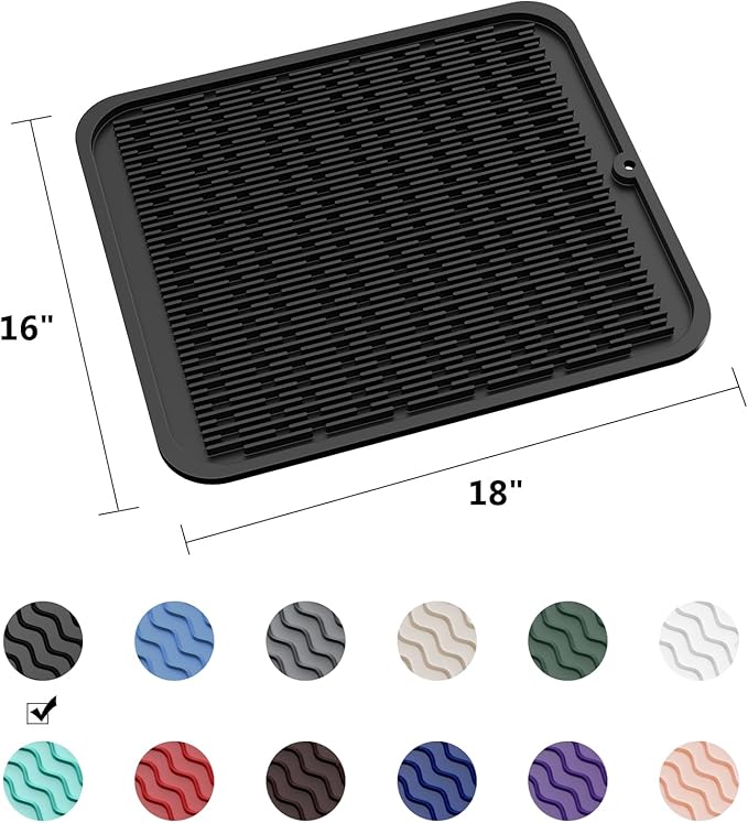 ZLR Large Silicone Dish Drying Mat (16" x 18") - XL Heavy Duty Drainboard Mat for Pots, Pans & Family Loads - Heat Resistant Trivet & Counter Protector, Easy Clean (Black)